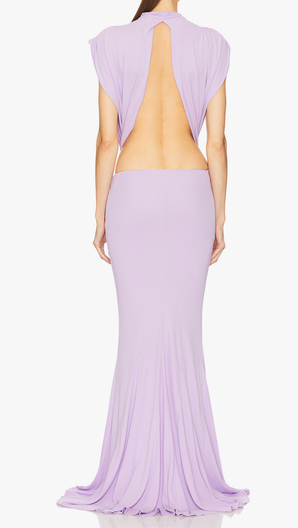 Bernice – Rückenfreies Maxikleid mit Schleifenaufnäher in Lila