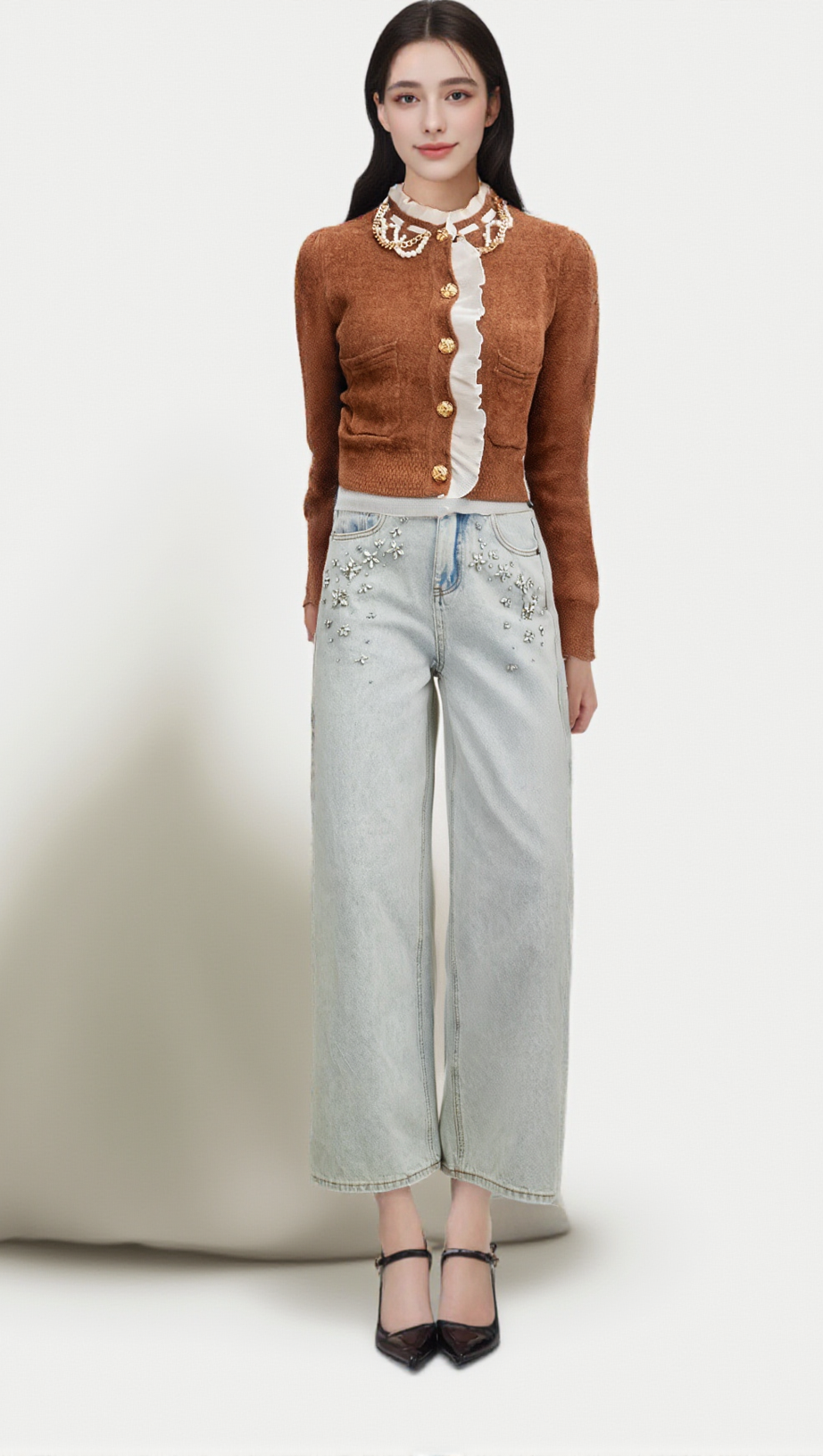 ELISABETTA BROWN EMBELLISHED RUFFLED KNIT CARDIGAN