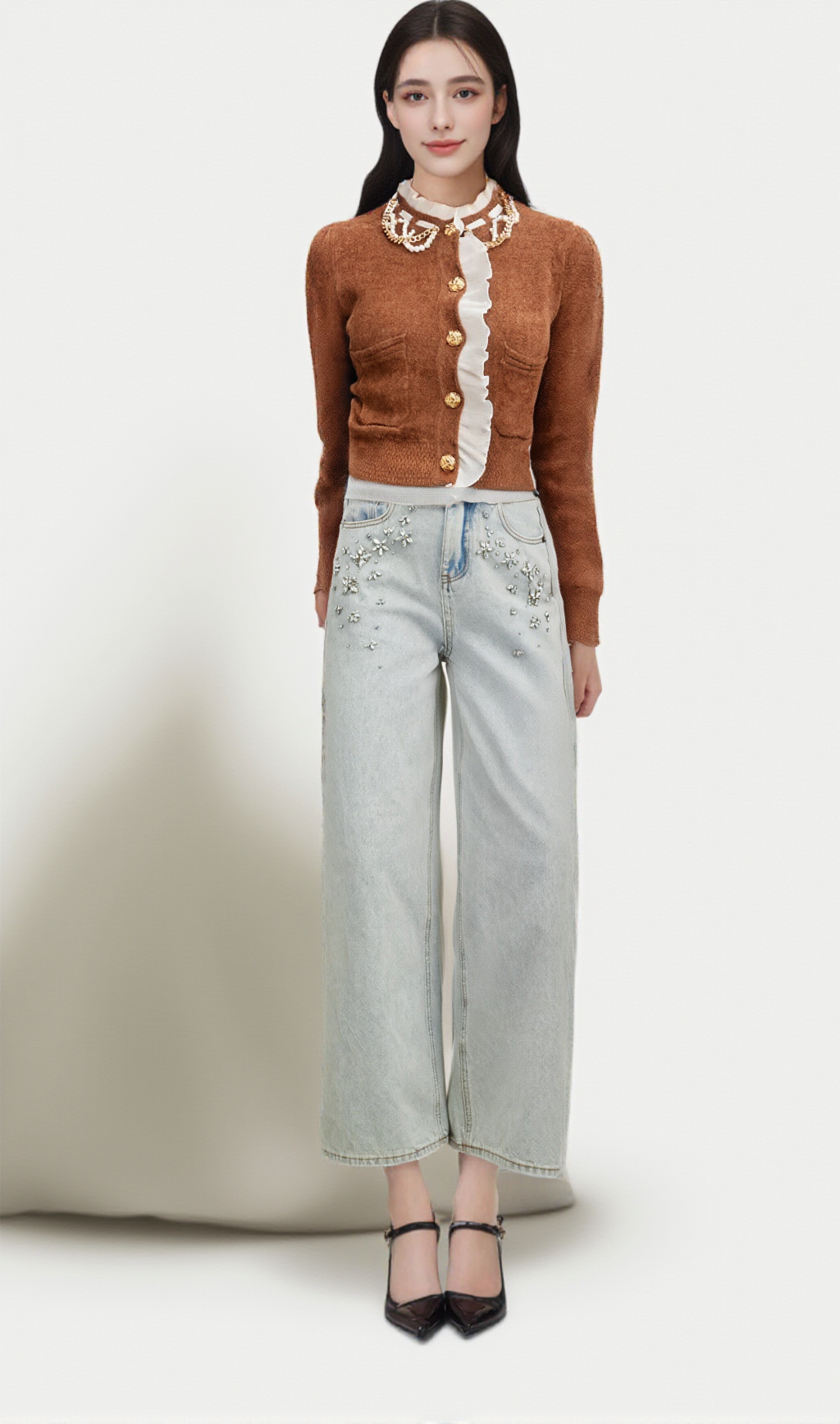 ELISABETTA BROWN EMBELLISHED RUFFLED KNIT CARDIGAN