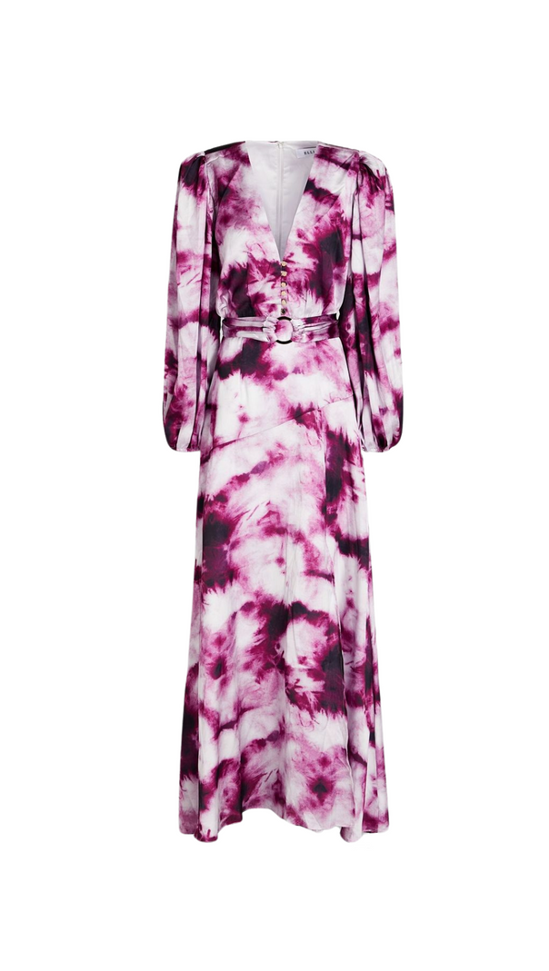 SUSANNA FUCHSIA MAXIKLEID AUS SATIN MIT GÜRTEL UND Batikmuster
