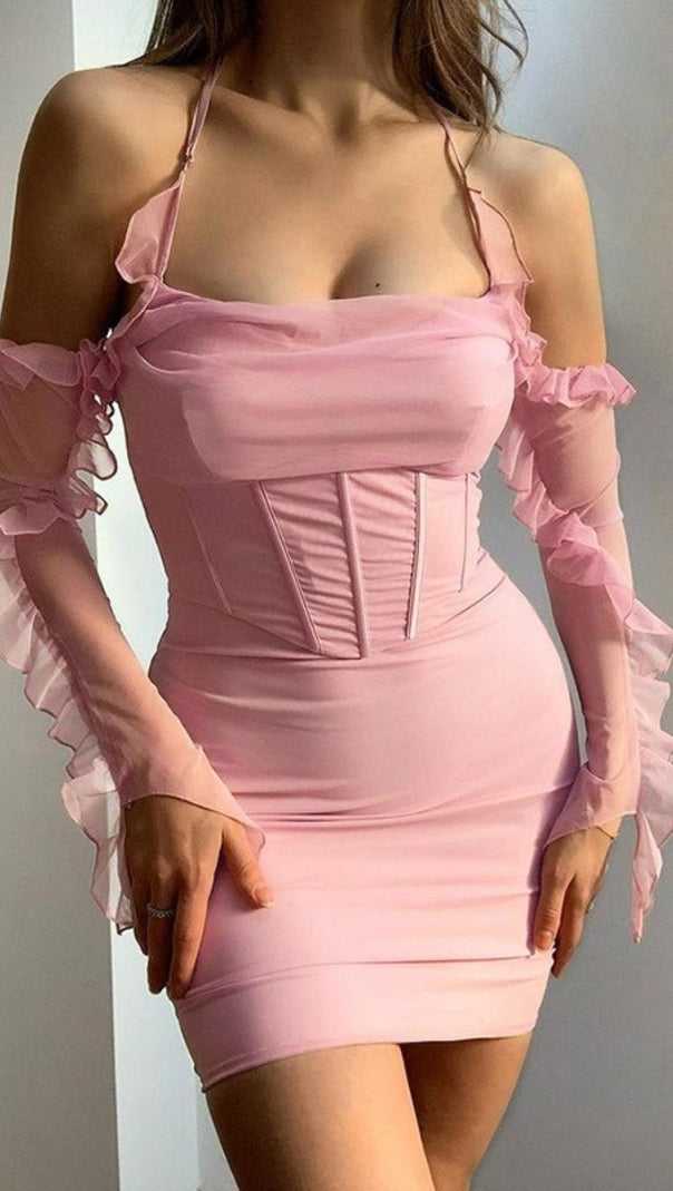 AIIZIE RUFFLE CORSET BODYCON MINI DRESS IN PINK - product image