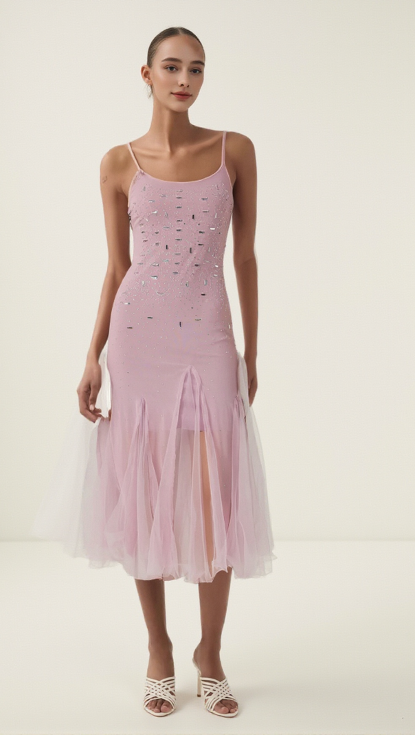 AIIZIE AXELLE PURPLE EMBELLISHED MESH MIDI DRESS - product image