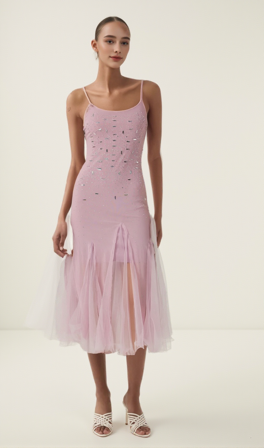 AXELLE PURPLE EMBELLISHED MESH MIDI DRESS