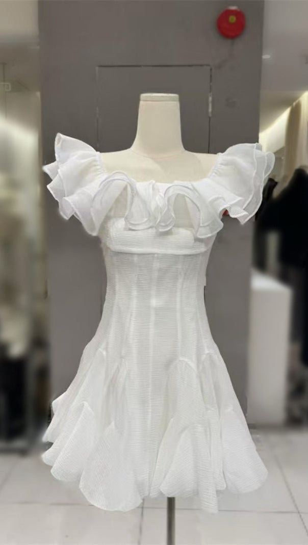 AIIZIE STEPHANIE OFF-SHOULDER RUFFLE TRIM MINI DRESS IN WHITE - product image