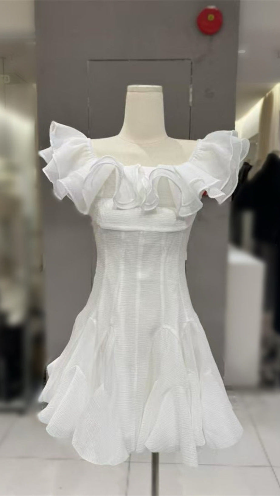 STEPHANIE OFF-SHOULDER RUFFLE TRIM MINI DRESS IN WHITE