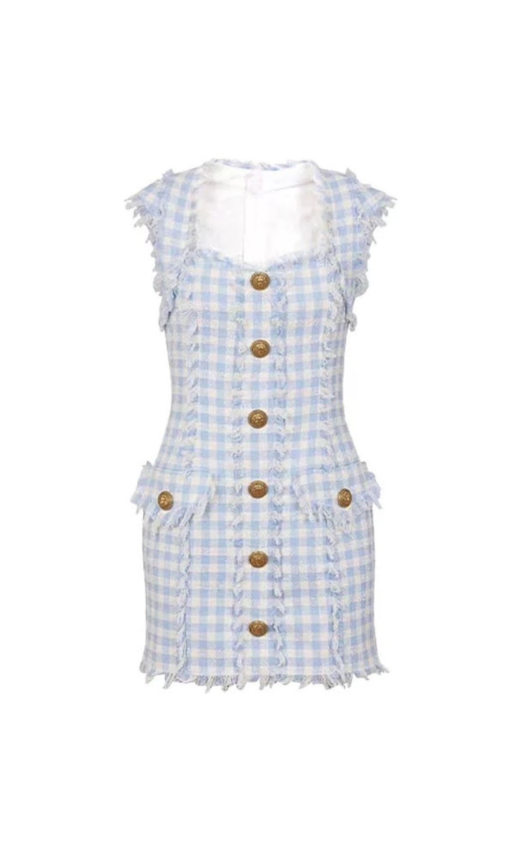 BLUE WHITE GINGHAM MINI DRESS