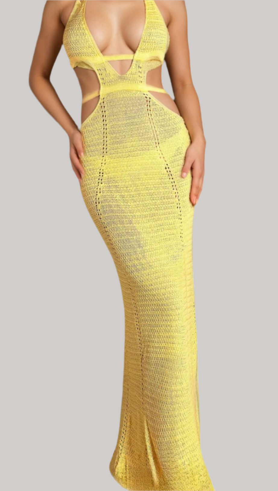 BIRIDI HALTER SHEER KNIT DRESS IN YELLOW