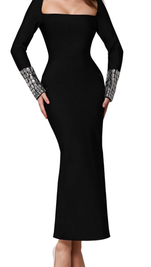 AIIZIE BREENDA SQUARE NECK DIAMOND TIGHT BANDAGE MAXI DRESS IN BLACK - product image