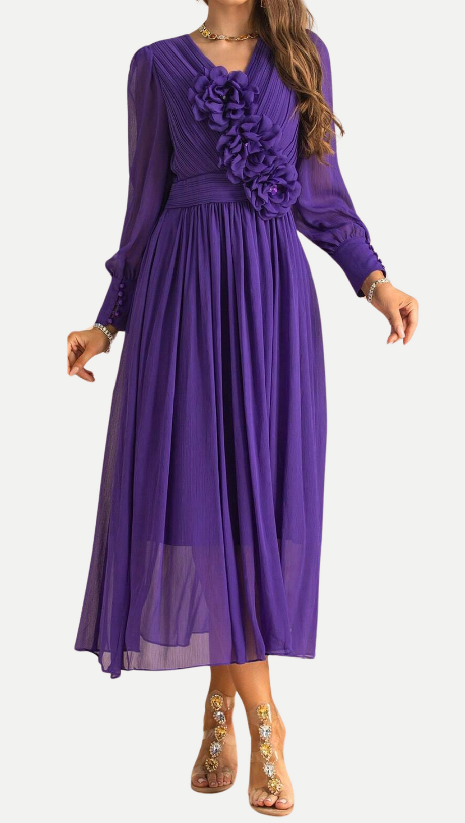 THREE-DIMENSIONAL FLOWER V-NECK PURPLE CHIFFON MAXI DRESS