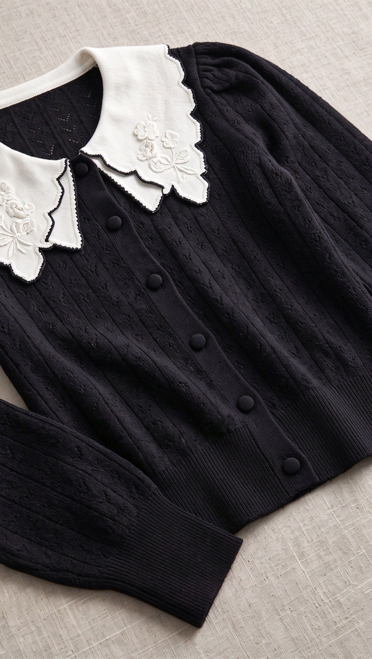 Black Pointelle Knit Cardigan with White Embroidered Collar