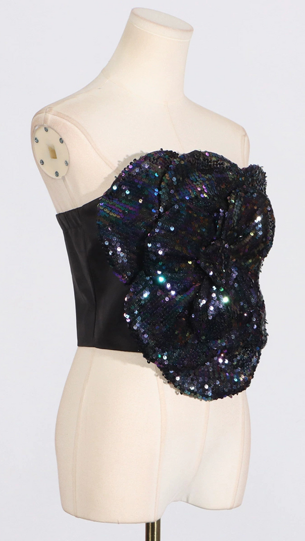 AIIZIE ANINDA SEQUIN FLOWER CROP TOP IN BLACK - product image