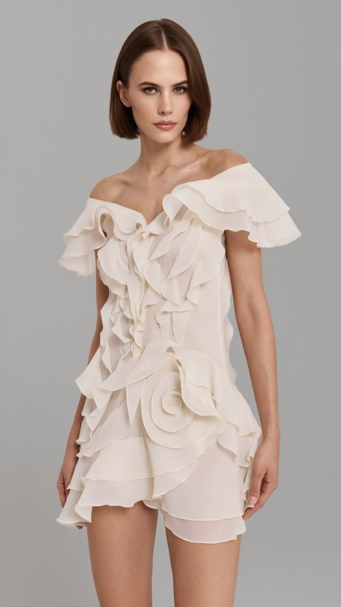 SABRINA RUFFLE LAYERS STRAPLESS MINI DRESS IN IVORY