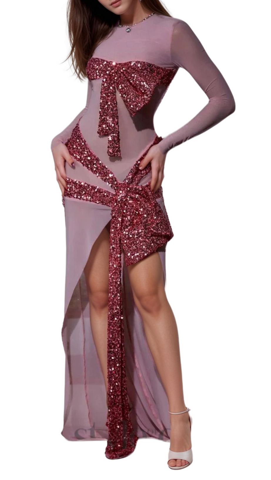 ARLENE ZACHARY LONG SLEEVE BOW SEQUIN DRESS