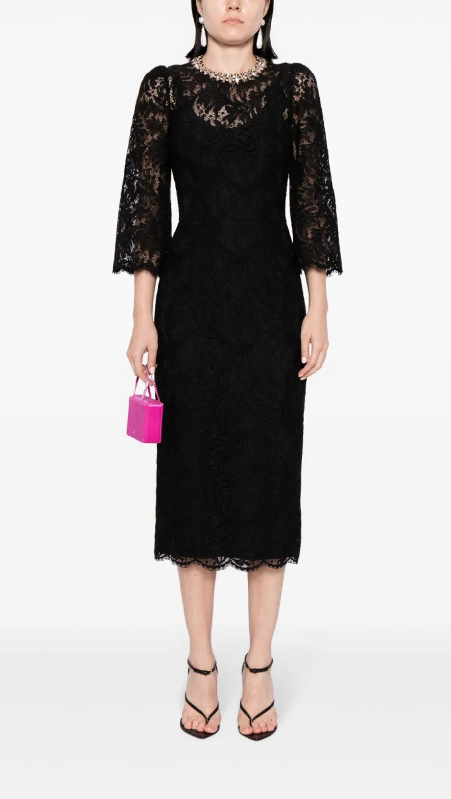ACOTAS LACE CRYSTAL-EMBELLISHED MIDI DRESS IN BLACK