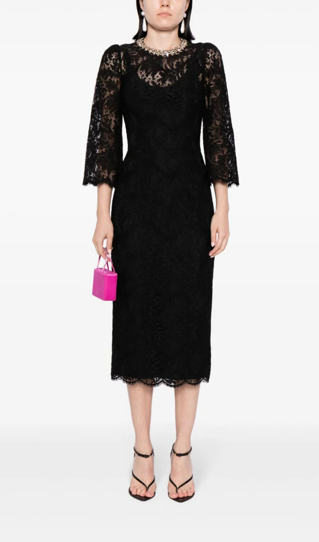 ACOTAS LACE CRYSTAL-EMBELLISHED MIDI DRESS IN BLACK
