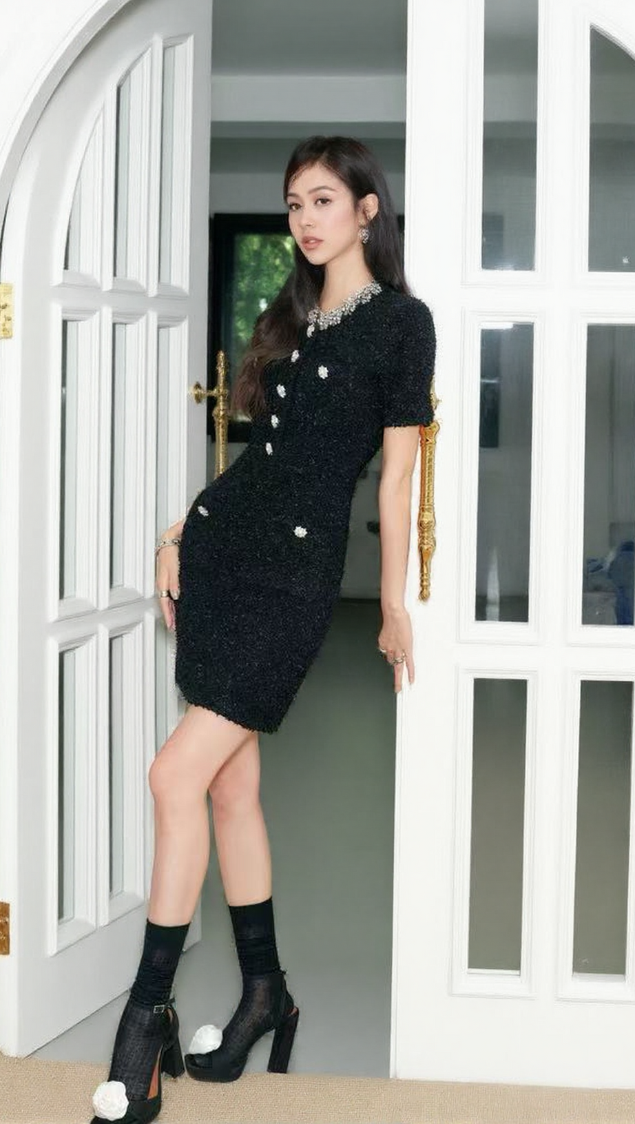 GLAMOROUS BLACK EMBELLISHED TWEED MINI DRESS | CRYSTAL COLLAR PARTY & COCKTAIL DRESS