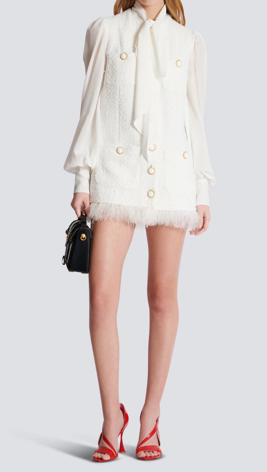 TWEED MINI DRESS WITH PUSSY-BOW COLLAR IN WHITE