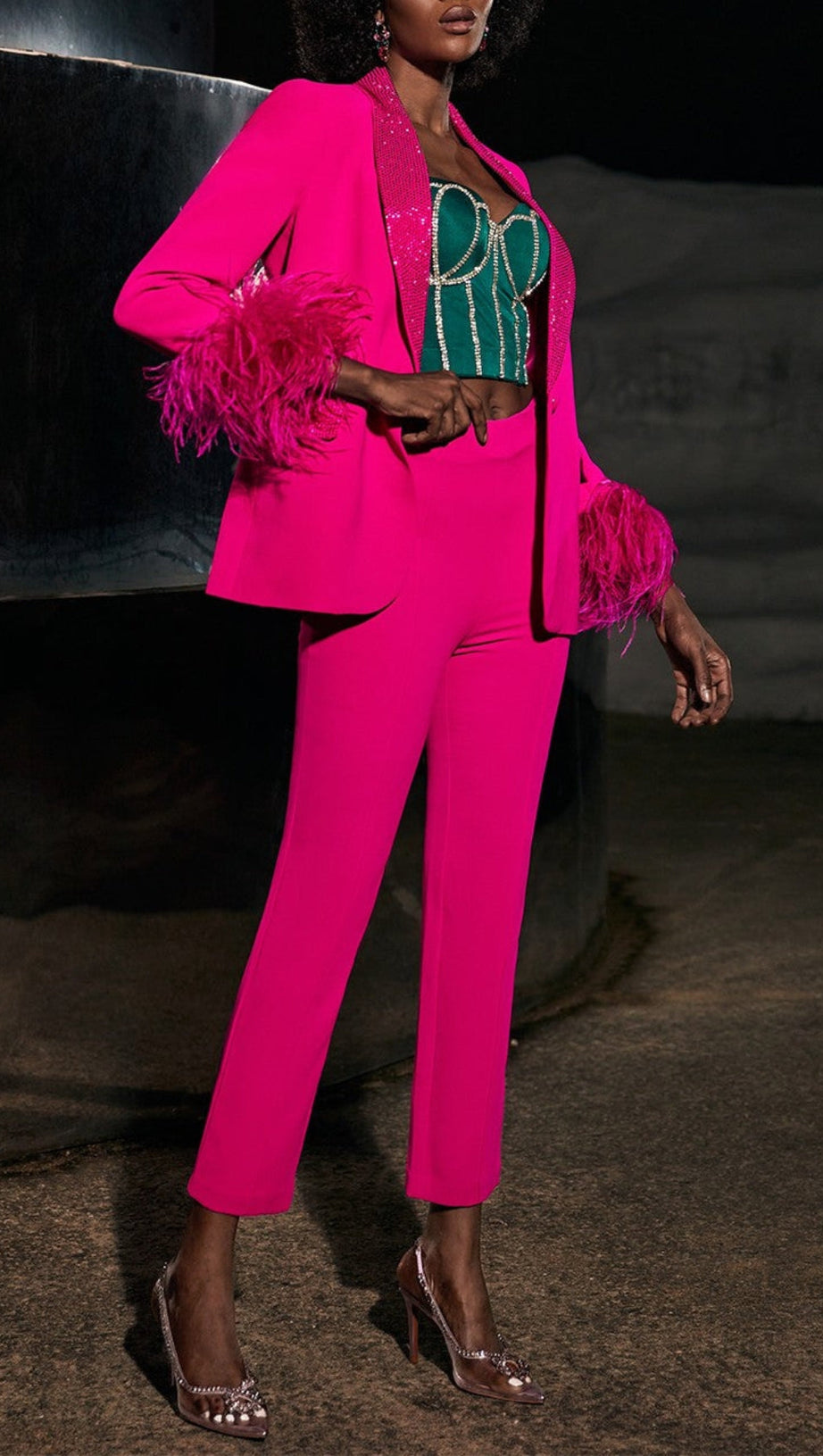 RHINESTONE FEATHER BLAZER IN PINK