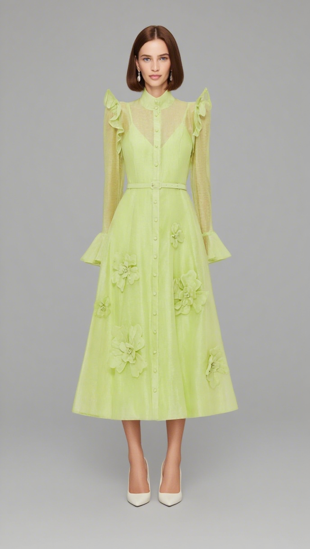 AIIZIE 3D FLOWER BUTTERFLY SLEEVE MIDI DRESS - CHARTREUSE - product image