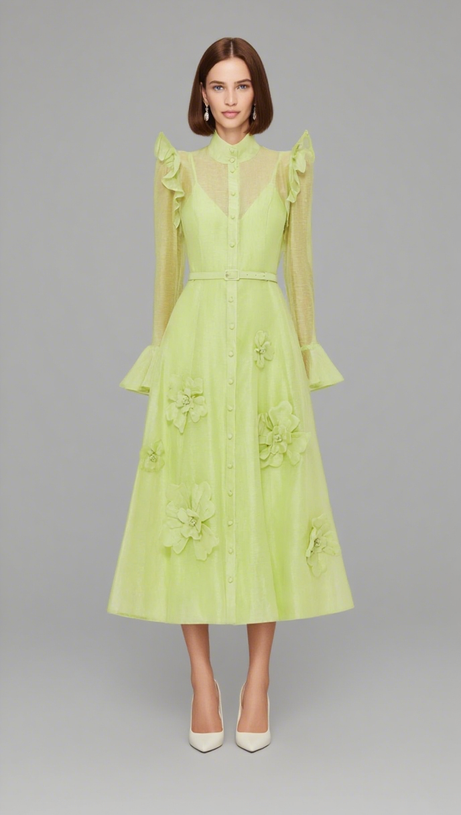 3D FLOWER BUTTERFLY SLEEVE MIDI DRESS - CHARTREUSE