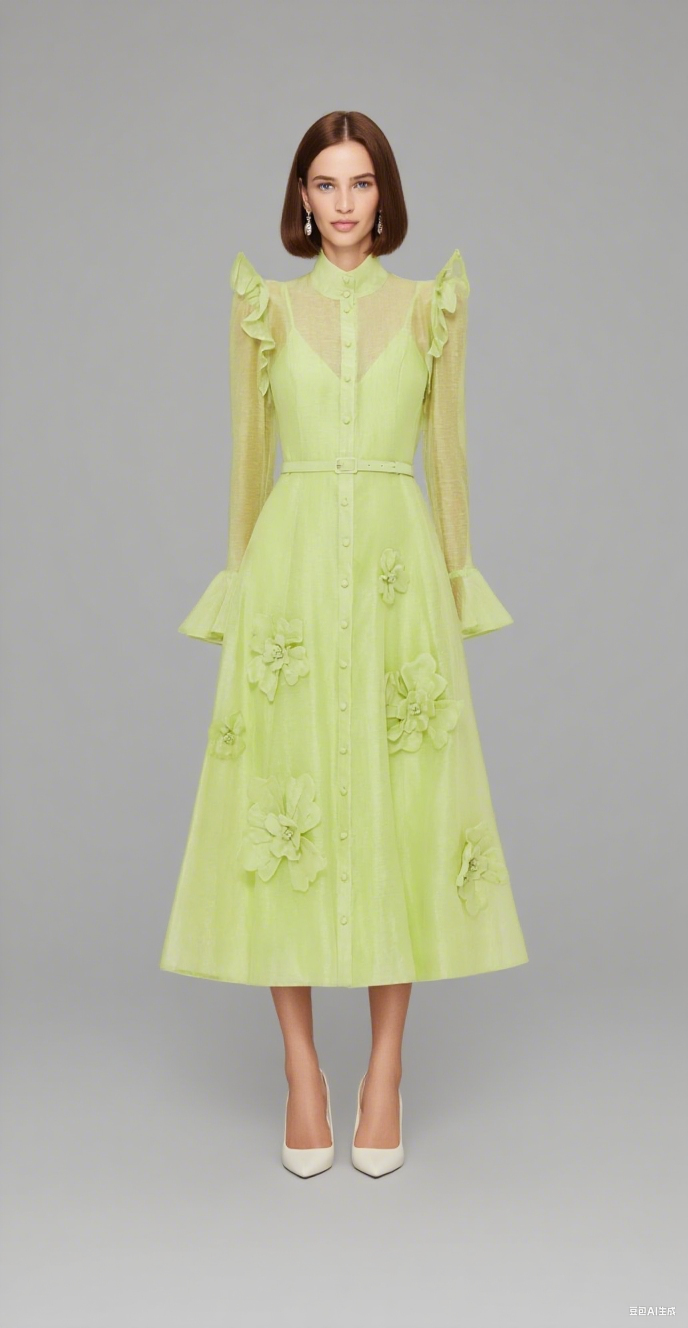 Midikleid mit Schmetterlingsärmeln und 3D-Blumen - Chartreuse