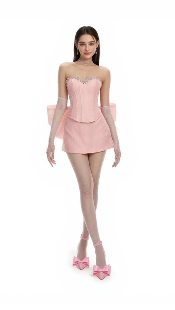 AIIZIE BACK BOWKNOT EMBELLISHED SKIRT SUIT IN PINK - product image