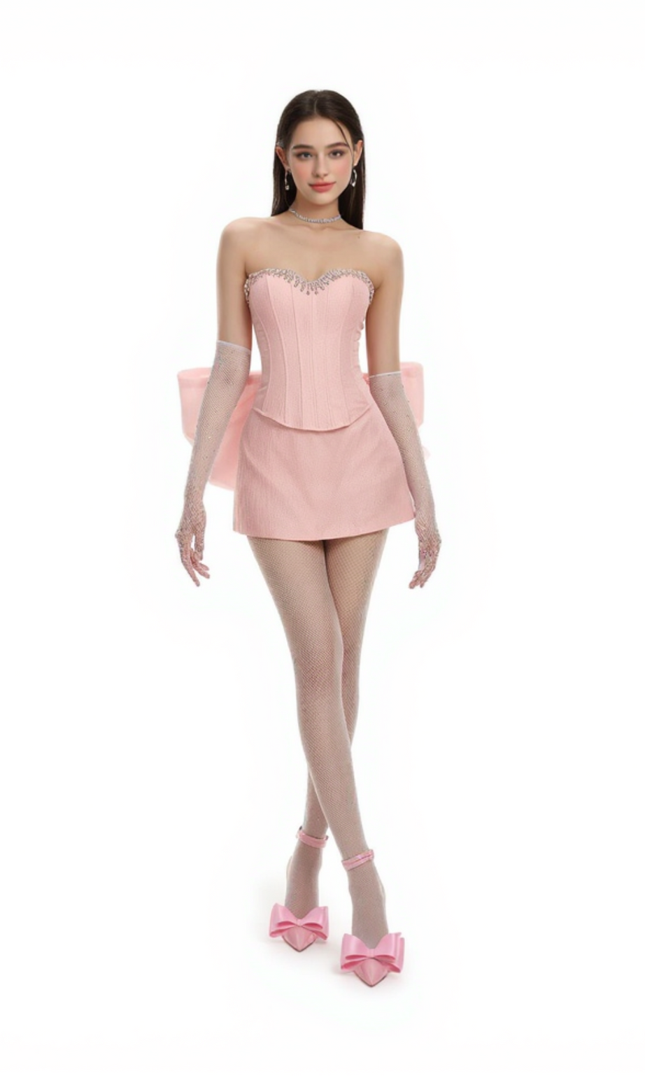 tailleur gonna con fiocco posteriore decorato in rosa