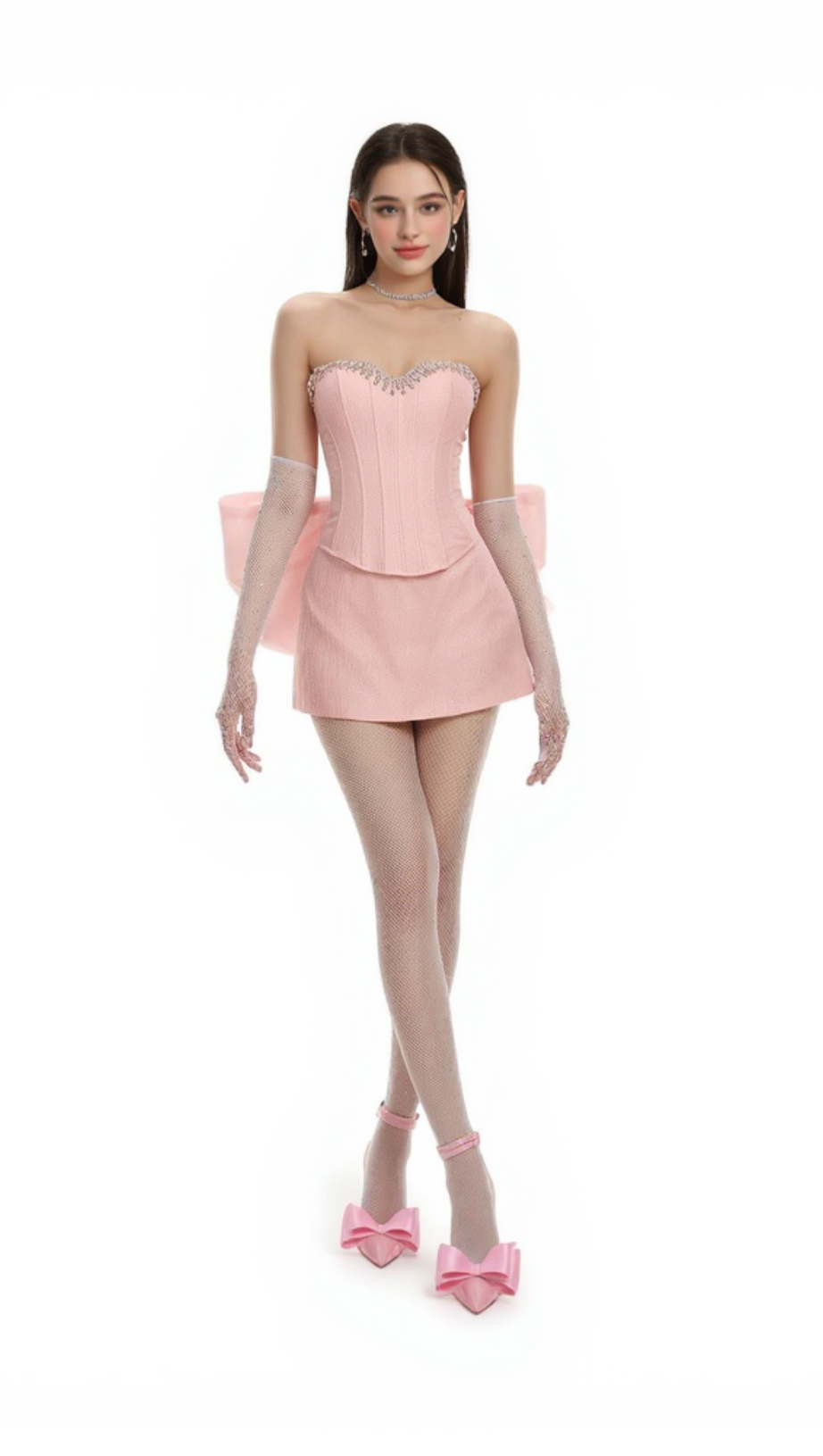 BACK BOWKNOT EMBELLISHED SKIRT SUIT IN PINK