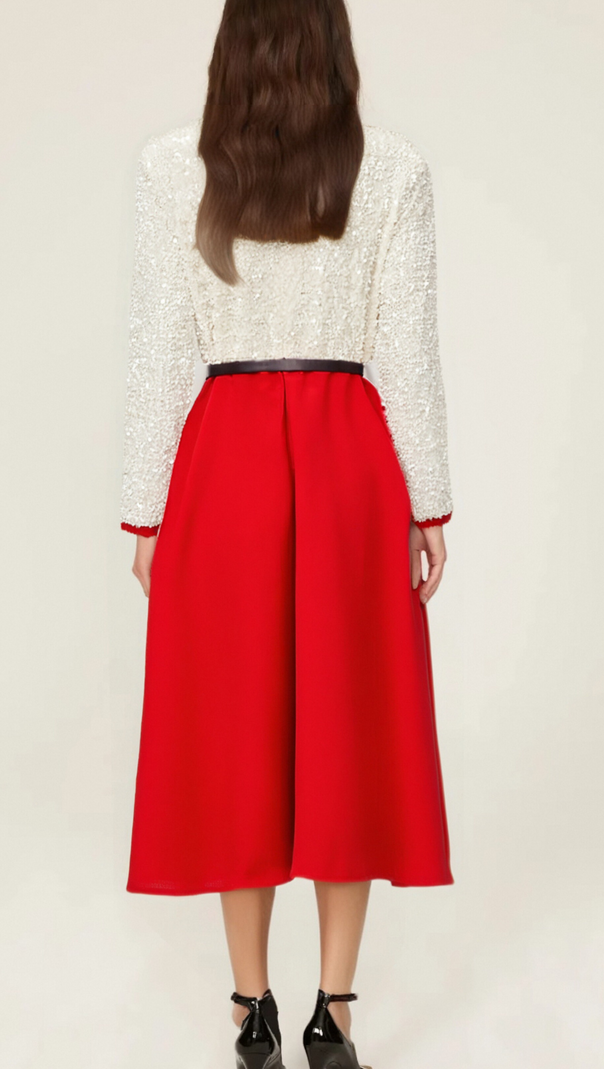 AIIZIE CHLOÉ RED LONG-SLEEVE SEQUINED PATCHWORK MIDI DRESS - product image