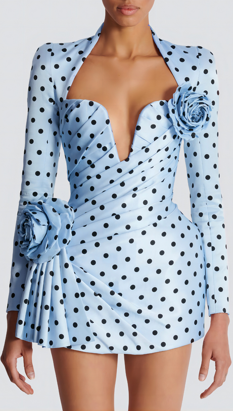 JENNY POLKA DOTS SATIN MINI DRESS IN BLUE
