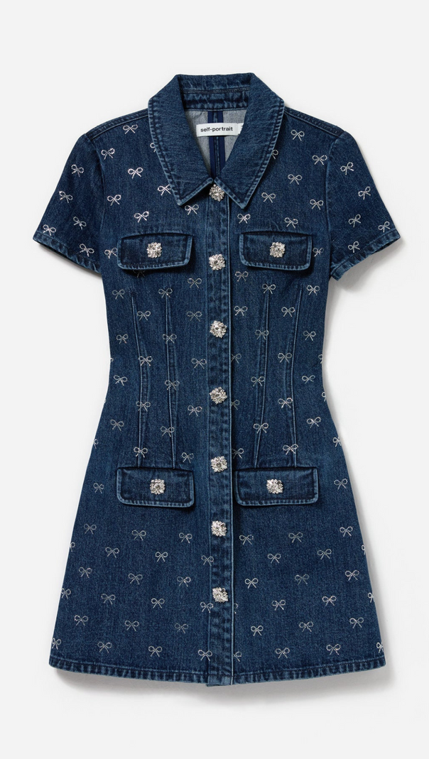AIIZIE DENIM DIAMANTE BOW COLLARED MINI DRESS - product image