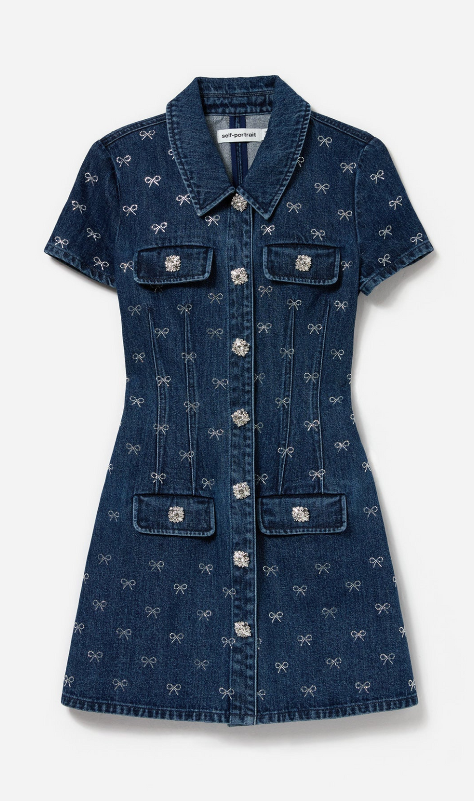 Minikleid aus Denim mit Diamanten und Schleifenkragen