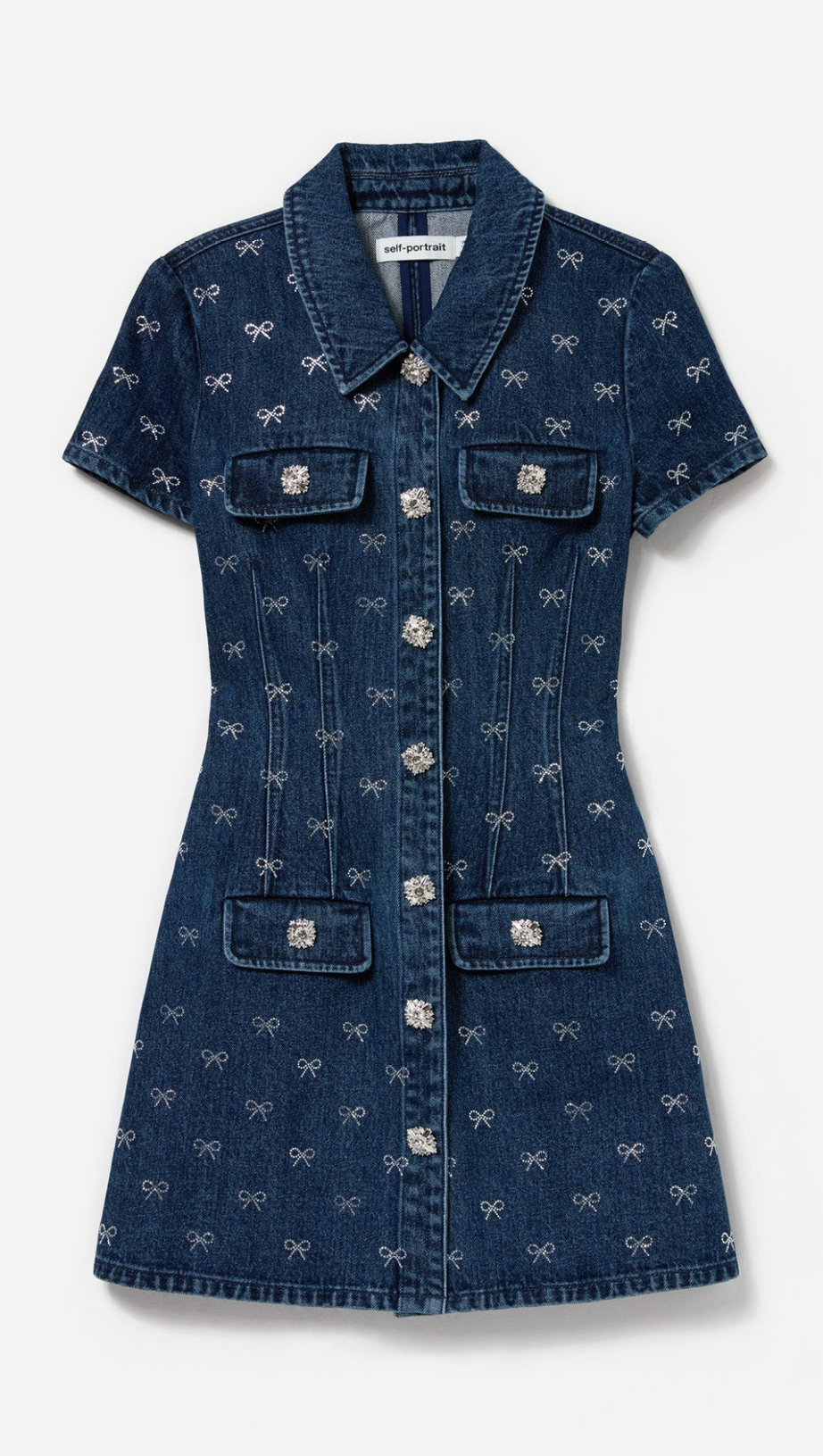 Minikleid aus Denim mit Diamanten und Schleifenkragen