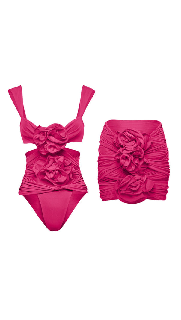 AIIZIE PINK 3D FLOWER ONE PIECE SWIMSUIT AND SKIRT - product image