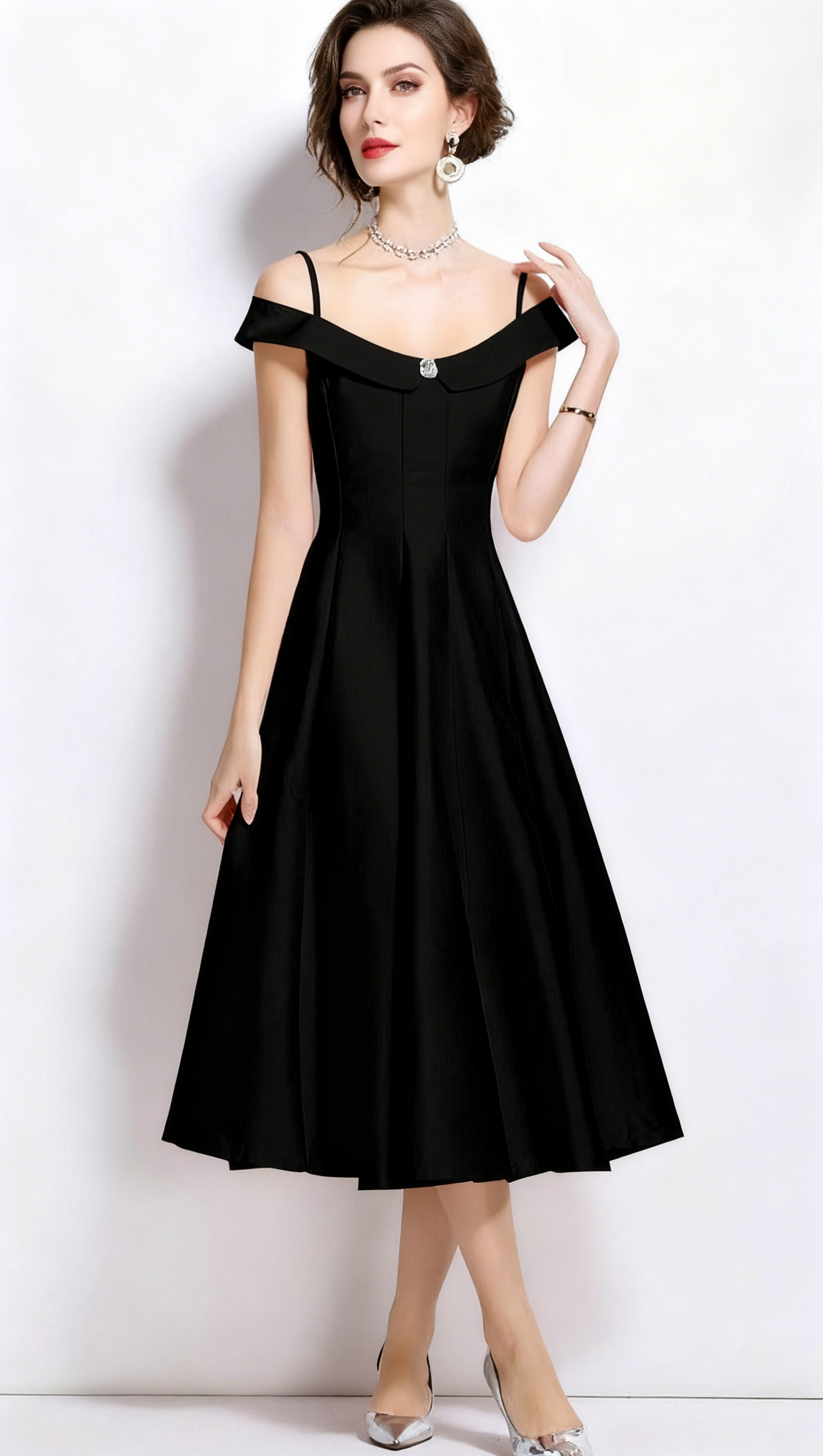 MEROY OFF-SHOULDER SATIN PLEATED MIDI DRESS IN BLACK