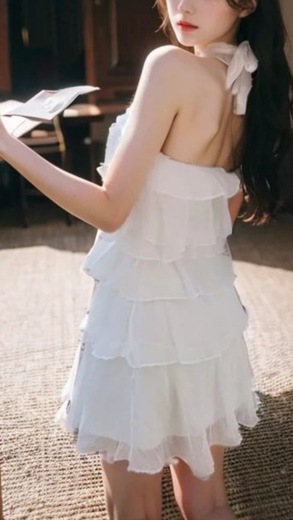 AIIZIE HALTER NECK CHIFFON MINI DRESS IN WHITE - product image