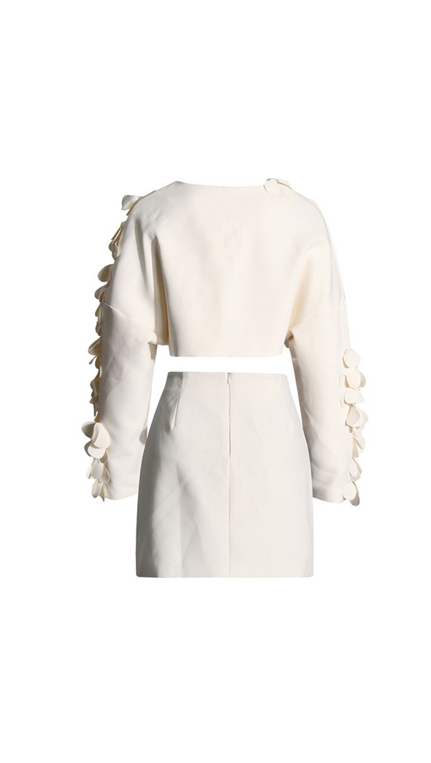 AIIZIE ESTHER WHITE 3D FLORAL LONG SLEEVE TOP MINI SKIRT SET - product image
