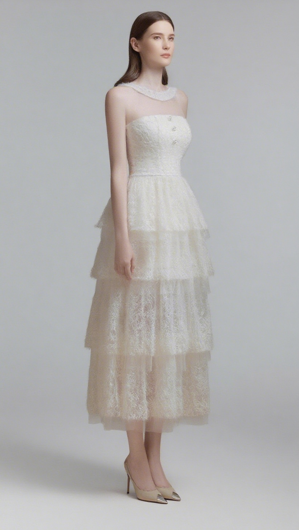 AIIZIE ALISON MESH STITCHING LAYER DRESS IN WHITE - product image