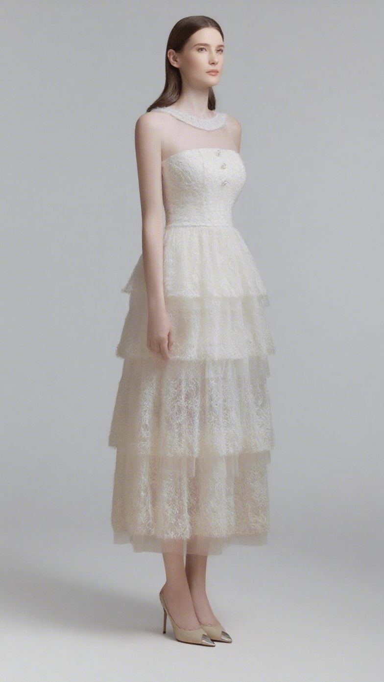 Alison – Lagenkleid mit Netznähten in Weiß