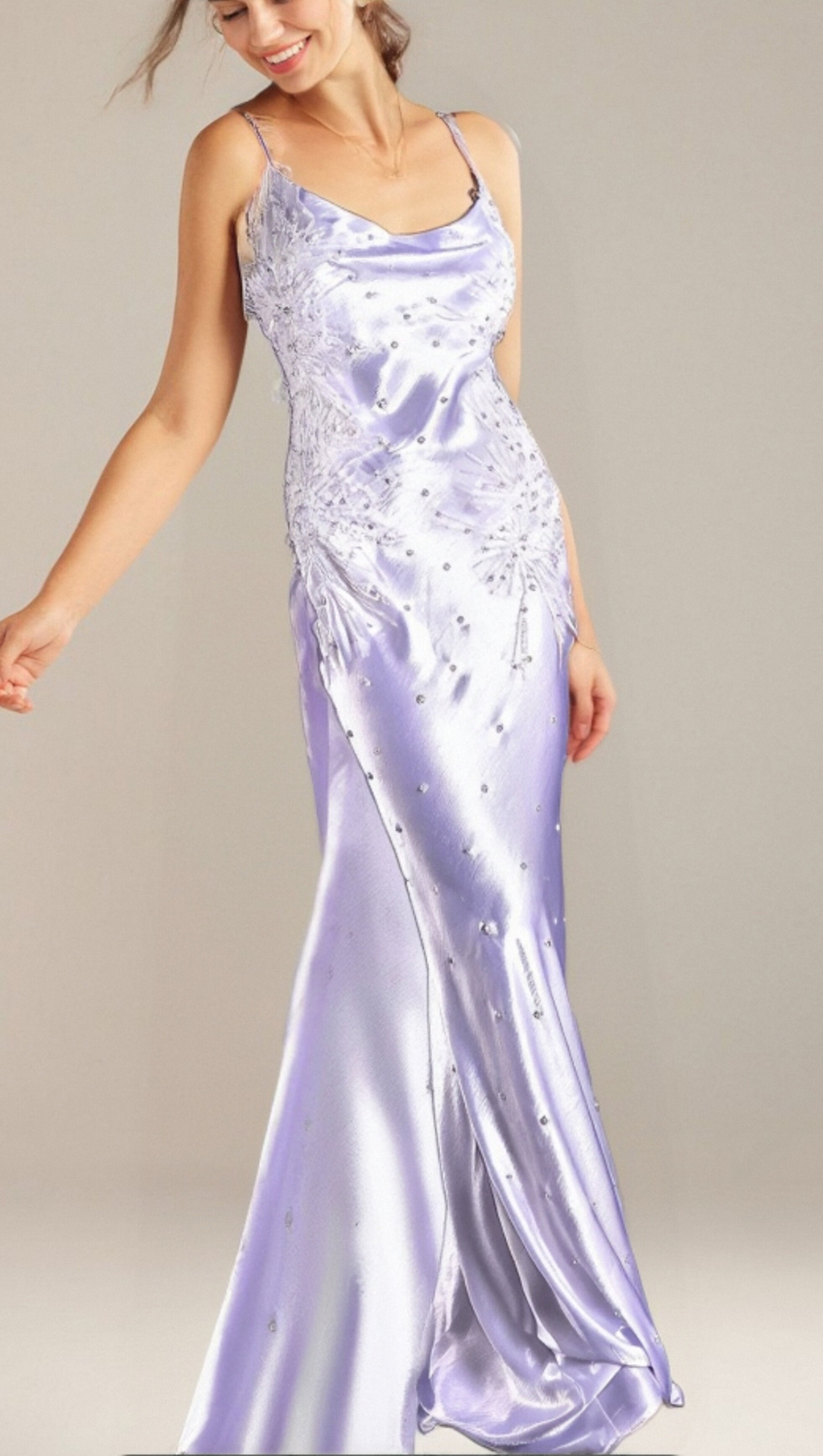 WHITE ALANIDES BEAD APPLIQUE SATIN DRESS