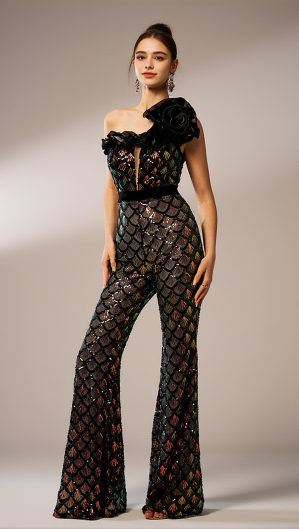 AIIZIE MERMAID SCALE FLORAL ONE-SHOULDER SEQUIN JUMPSUIT - product image