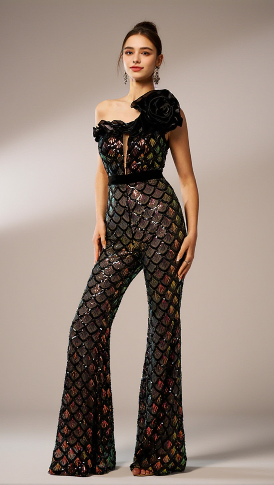 MERMAID SCALE FLORAL ONE-SHOULDER SEQUIN JUMPSUIT