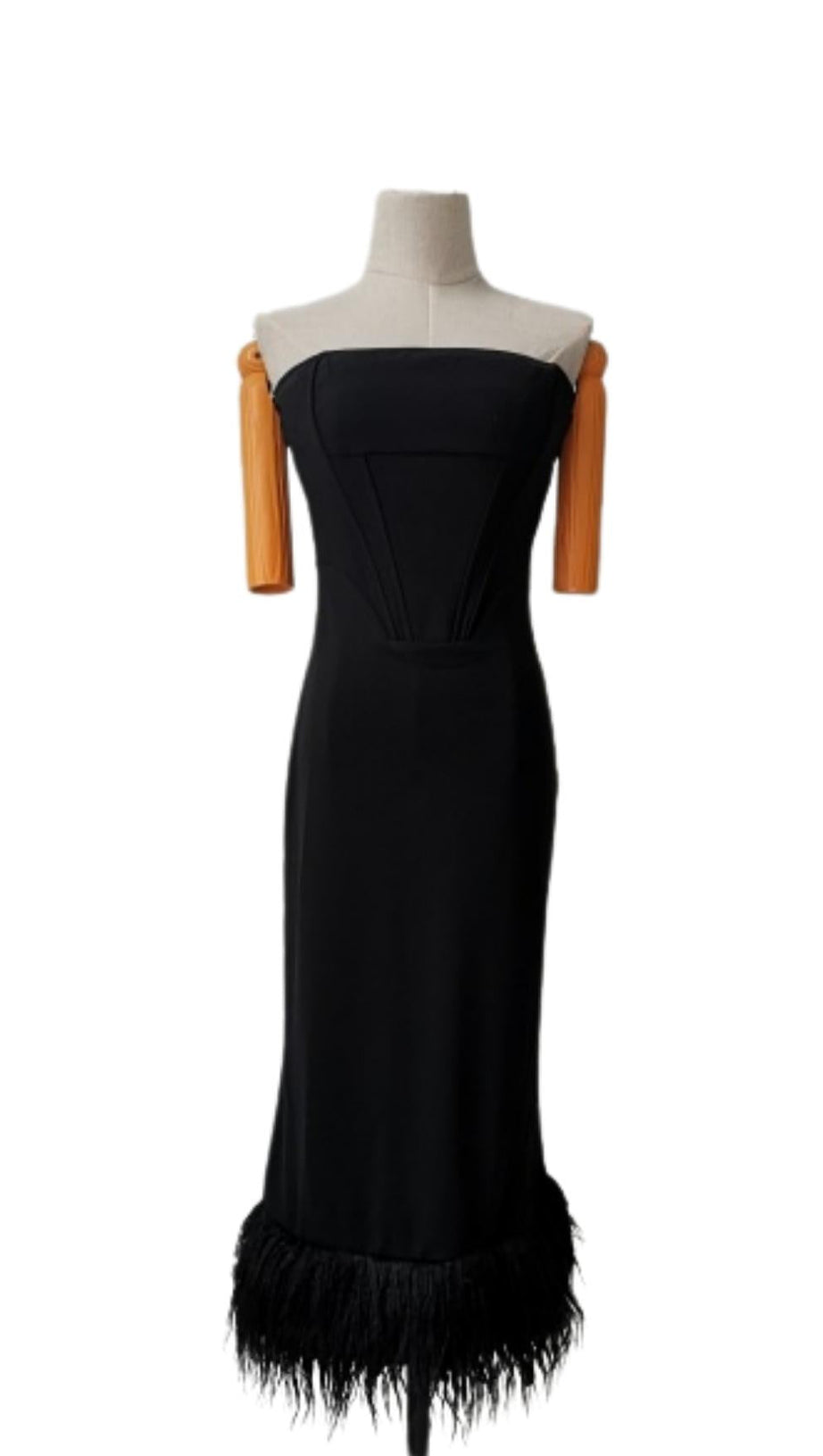 BLACK STRAPLESS FEATHER CORSET DRESS
