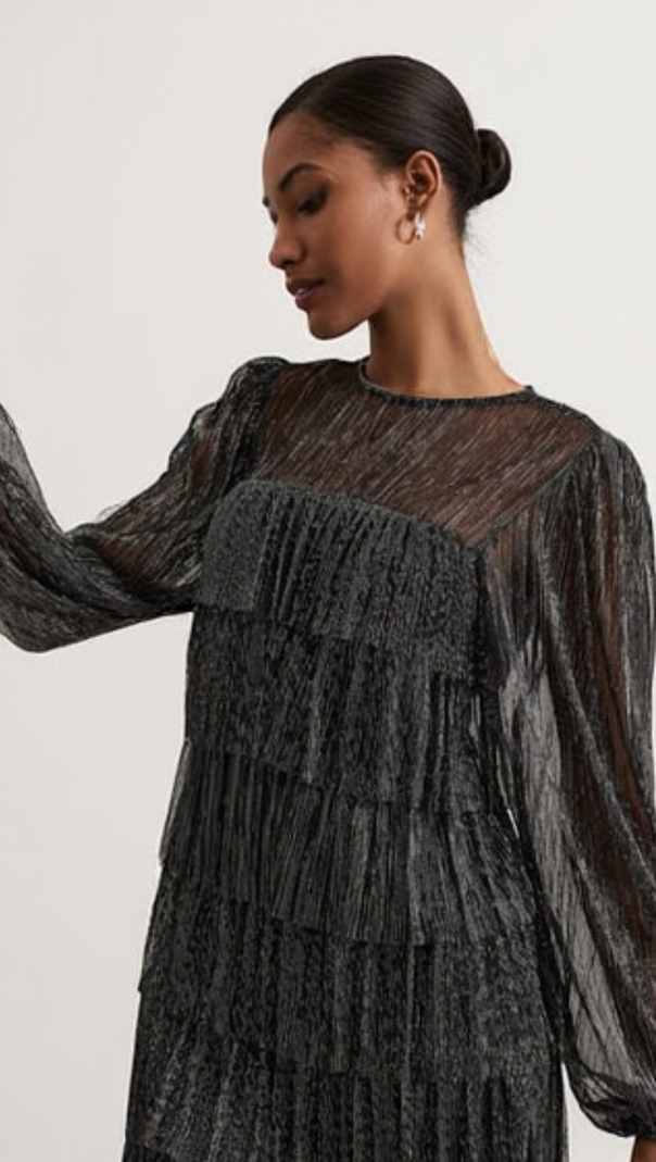 AIIZIE LAYER CHIFFON PUFF MINI DRESS IN BLACK - product image
