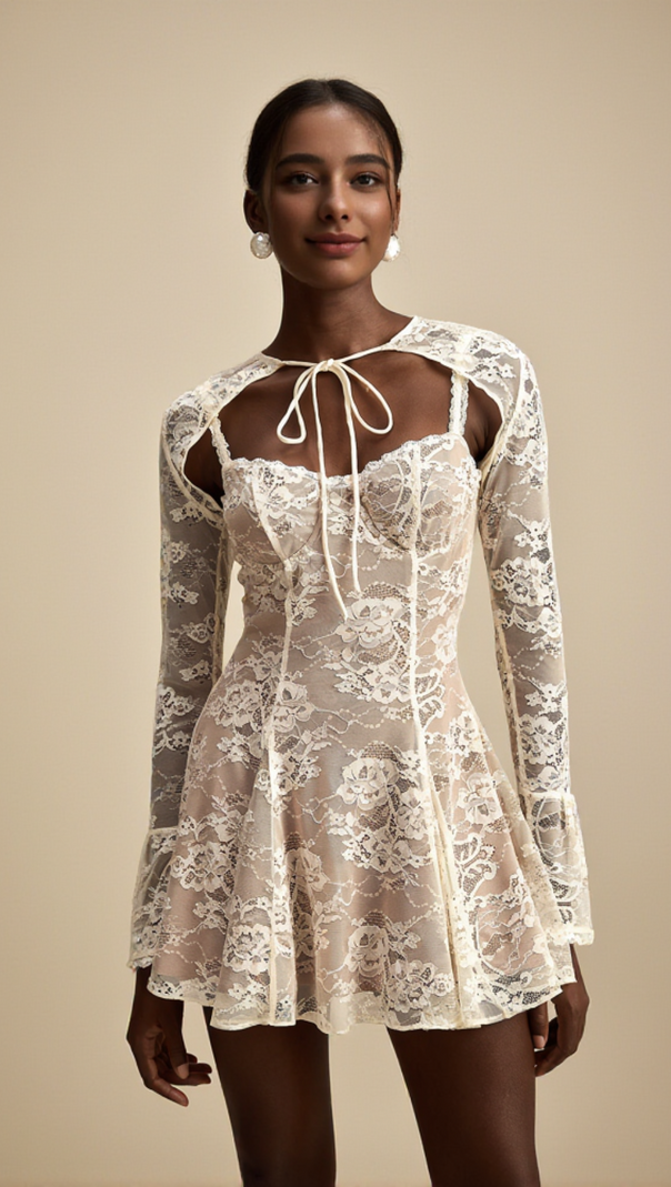 AIIZIE VINTAGE CREAM LACE MINI DRESS - product image