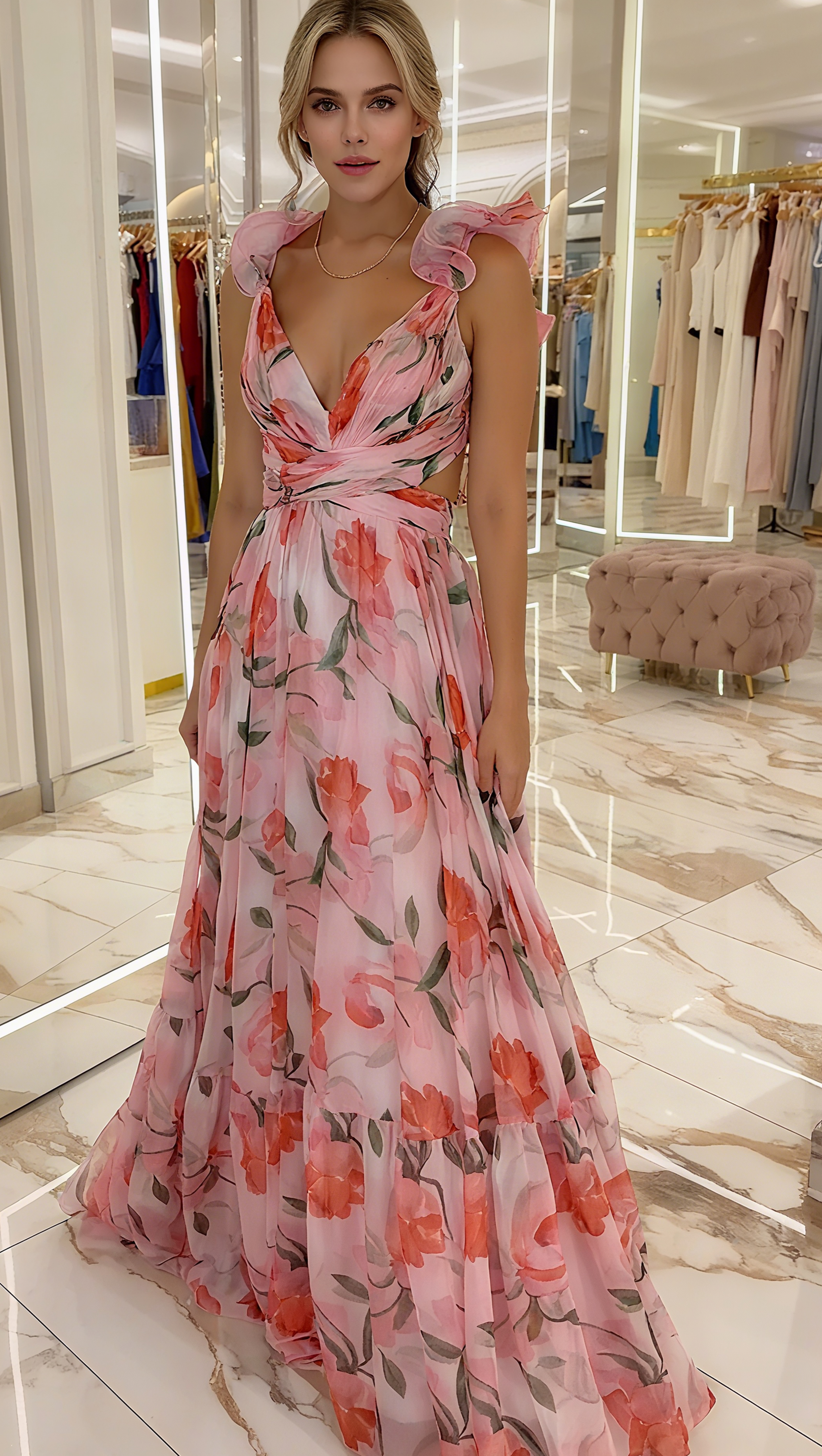 FLORAL PRINT RUFFLED BACKLESS MAXI DRESS IN PINK