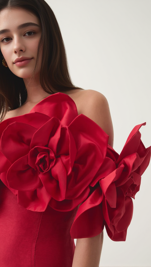 AIIZIE ETTA FLOWER STRAPLESS MINI DRESS IN RED - product image