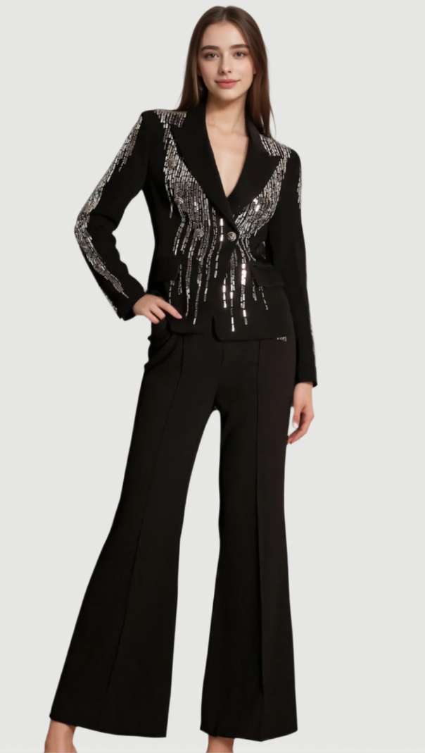 AIIZIE ANDREA FAIDRA RHINESTONE DOUBLE BREASTED LAPEL BLAZER IN BLACK - product image