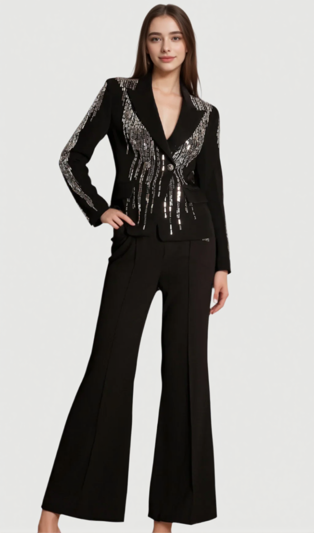 ANDREA FAIDRA RHINESTONE DOUBLE BREASTED LAPEL BLAZER IN BLACK