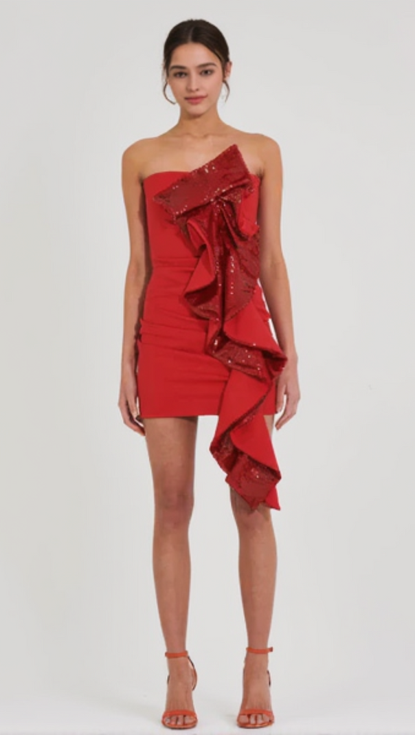 AIIZIE AMELIA SEQUIN RUFFLE RED MINI DRESS - product image